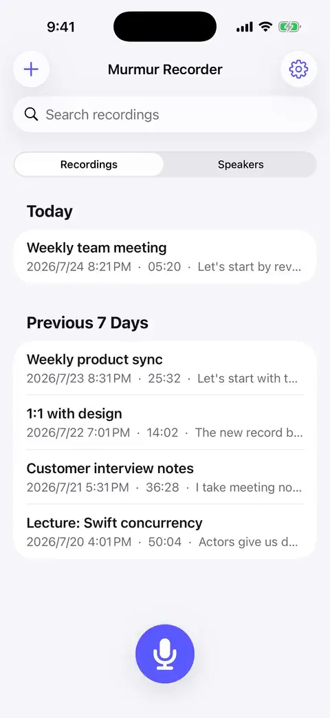 A screen recording of Murmur on an iPhone: a conversation is recorded, then transcribed into a searchable transcript with every speaker labeled in their own color.