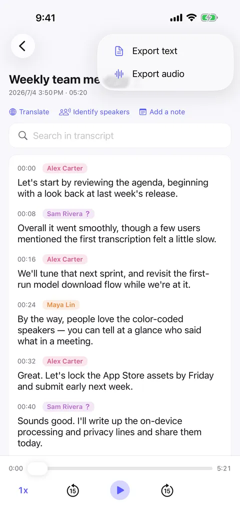 The share menu offering text, Markdown, PDF and Word export