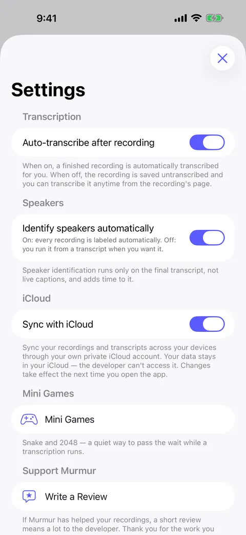 Settings showing on-device processing and iCloud sync
