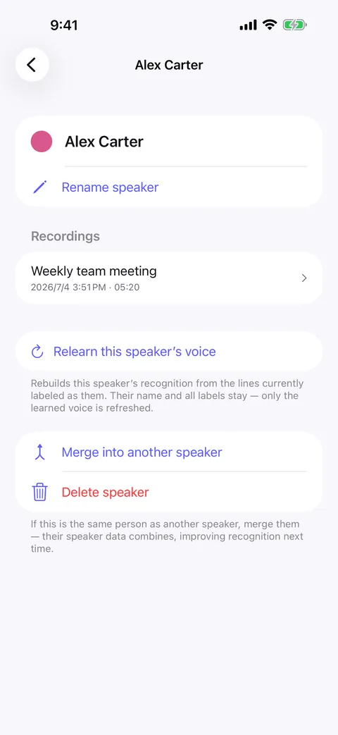 A speaker profile that can be renamed, merged or relearned
